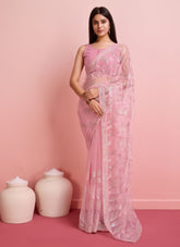 Soft net and art silk saree in pink colour